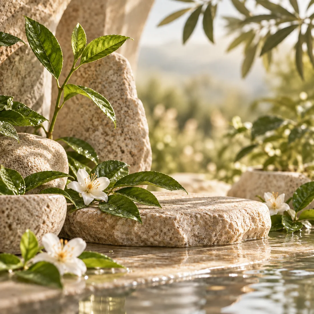 Naturstein, grüne Blätter und weiße Blüten am Wasser